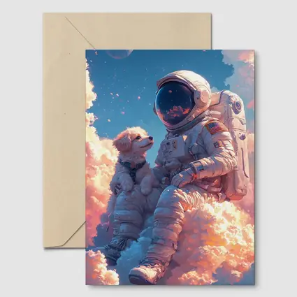 Astronaut and Dog Sitting on Clouds