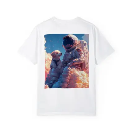 Astronaut and Dog Sitting on Clouds