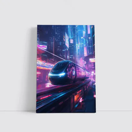 Futuristic Train Speeding Through Neon Cyberpunk City