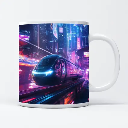 Futuristic Train Speeding Through Neon Cyberpunk City