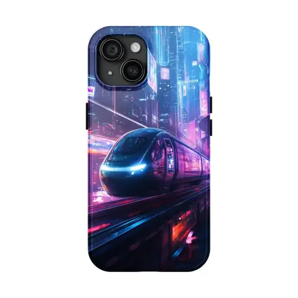 Futuristic Train Speeding Through Neon Cyberpunk City