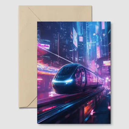 Futuristic Train Speeding Through Neon Cyberpunk City