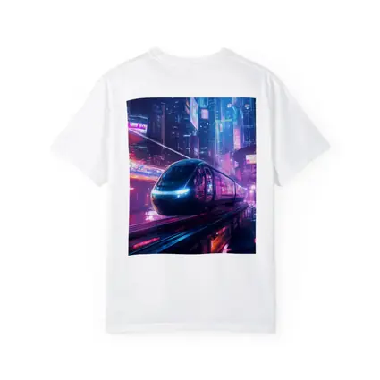 Futuristic Train Speeding Through Neon Cyberpunk City