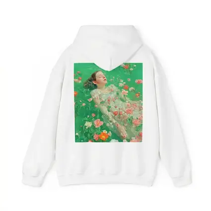 Woman Floating Among Pink Flowers Green Water
