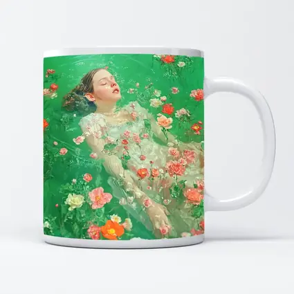 Woman Floating Among Pink Flowers Green Water