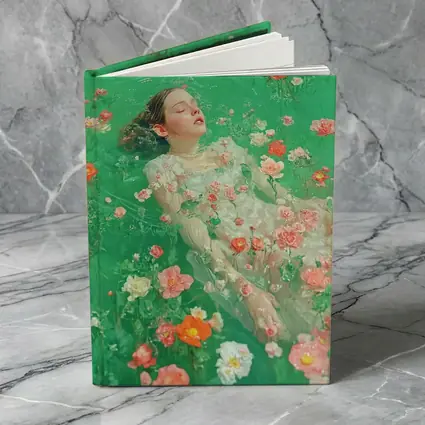 Woman Floating Among Pink Flowers Green Water