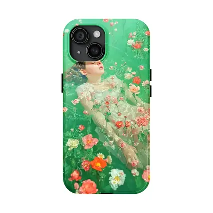 Woman Floating Among Pink Flowers Green Water