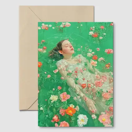 Woman Floating Among Pink Flowers Green Water