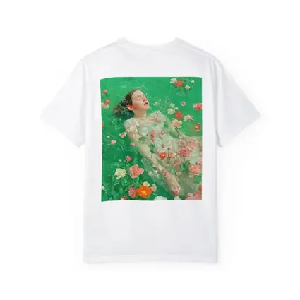 Woman Floating Among Pink Flowers Green Water
