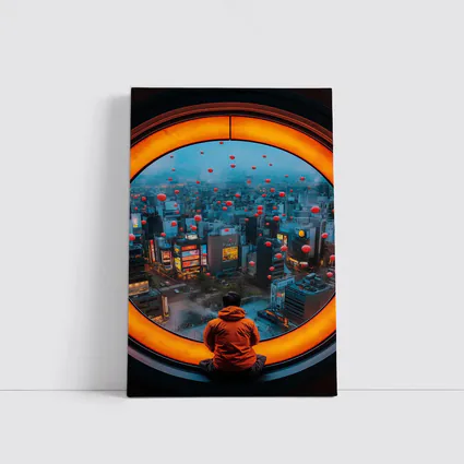 Man Gazing Over Tokyo City Through Round Window