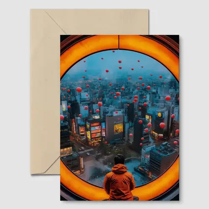 Man Gazing Over Tokyo City Through Round Window