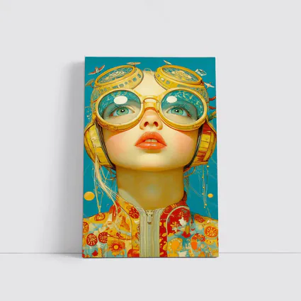 Retro Girl With Golden Goggles Blue Background