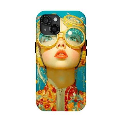 Retro Girl With Golden Goggles Blue Background