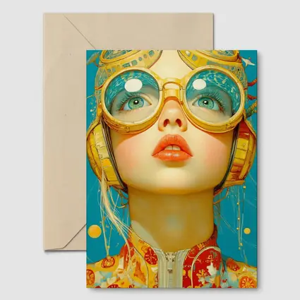 Retro Girl With Golden Goggles Blue Background