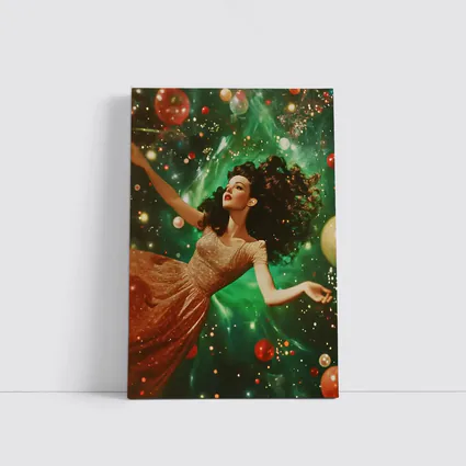 Retro Woman Floating Christmas Ornaments Green Background