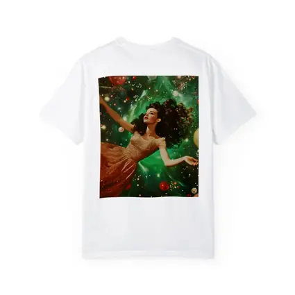 Retro Woman Floating Christmas Ornaments Green Background