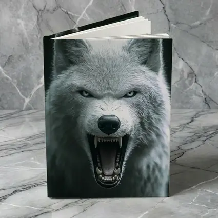 White Wolf Snarling Against Dark Background