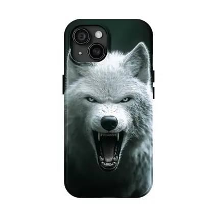 White Wolf Snarling Against Dark Background