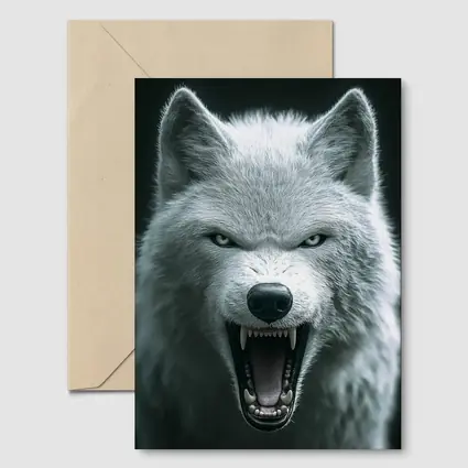 White Wolf Snarling Against Dark Background