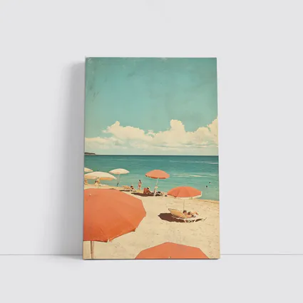 Retro Beach Scene Coral Umbrellas Summer