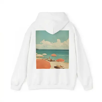 Retro Beach Scene Coral Umbrellas Summer