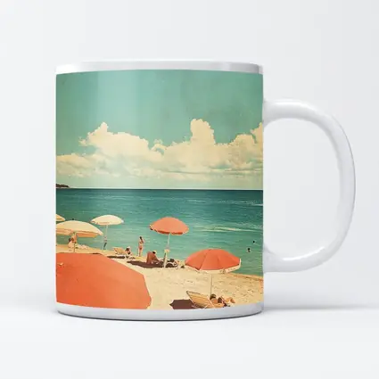 Retro Beach Scene Coral Umbrellas Summer