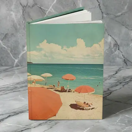 Retro Beach Scene Coral Umbrellas Summer