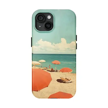 Retro Beach Scene Coral Umbrellas Summer