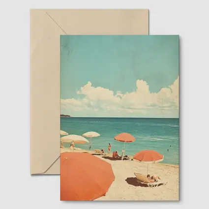 Retro Beach Scene Coral Umbrellas Summer