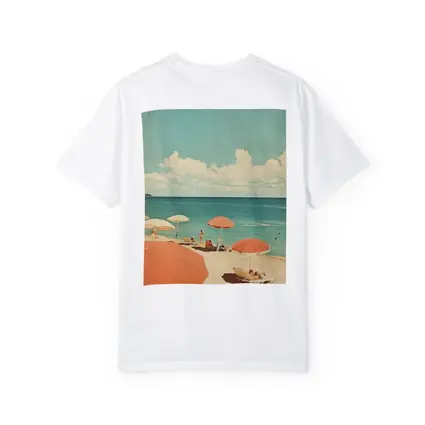 Retro Beach Scene Coral Umbrellas Summer