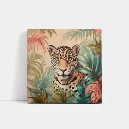 Jaguar Portrait Tropical Leaves Botanical Art