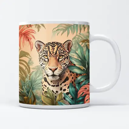 Jaguar Portrait Tropical Leaves Botanical Art