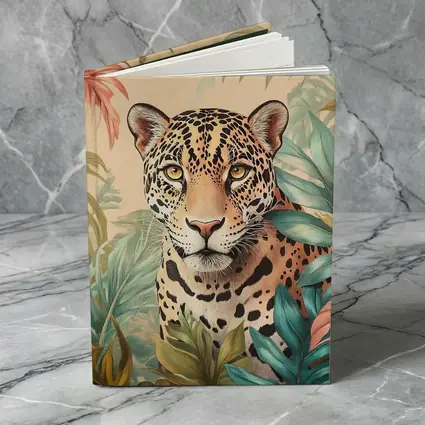 Jaguar Portrait Tropical Leaves Botanical Art