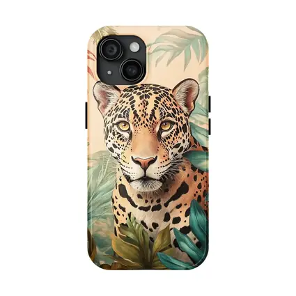Jaguar Portrait Tropical Leaves Botanical Art