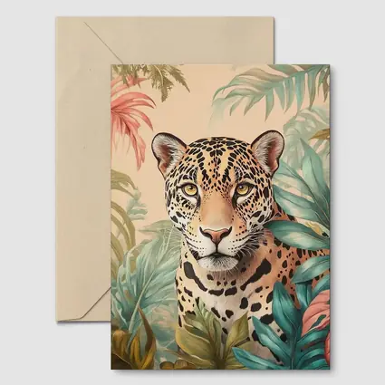Jaguar Portrait Tropical Leaves Botanical Art