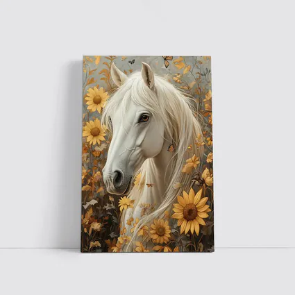 White Horse Portrait Sunflowers Butterflies Golden