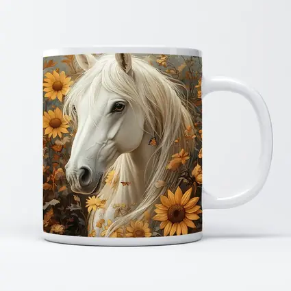 White Horse Portrait Sunflowers Butterflies Golden