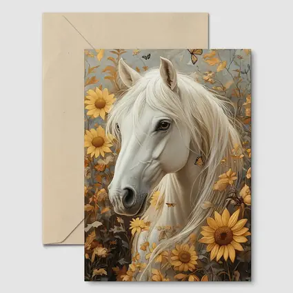 White Horse Portrait Sunflowers Butterflies Golden