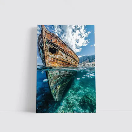 Rusty Shipwreck Split View Clear Ocean Water