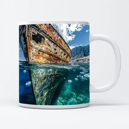 Rusty Shipwreck Split View Clear Ocean Water