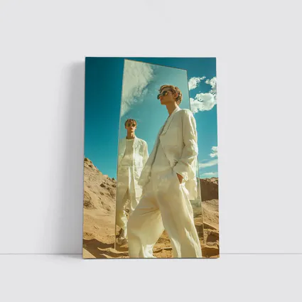 Man White Suit Mirror Desert Landscape