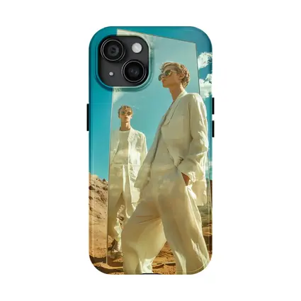 Man White Suit Mirror Desert Landscape