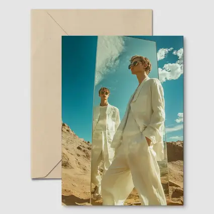 Man White Suit Mirror Desert Landscape