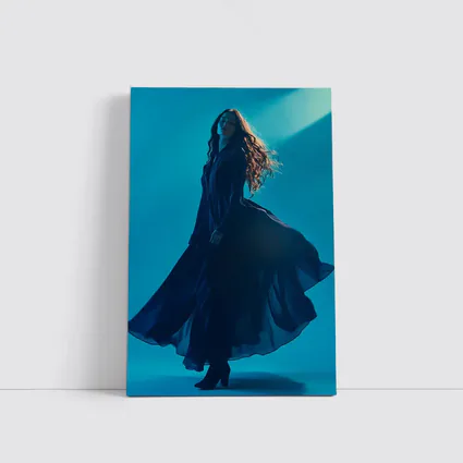 Woman Blue Flowing Dress Teal Background