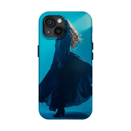 Woman Blue Flowing Dress Teal Background
