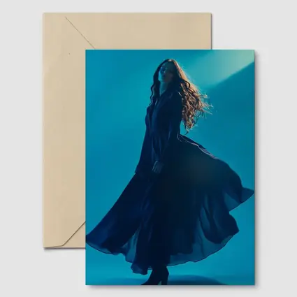 Woman Blue Flowing Dress Teal Background