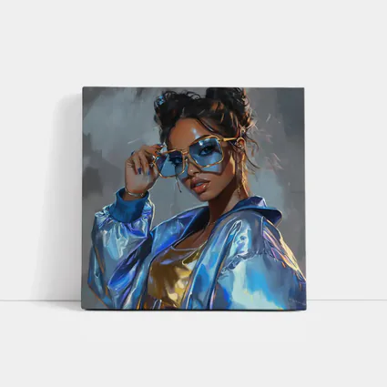 Stylish Woman Gold Sunglasses Holographic Blue Jacket