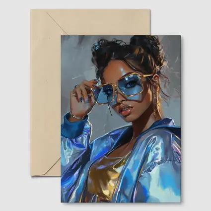 Stylish Woman Gold Sunglasses Holographic Blue Jacket