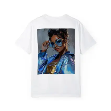 Stylish Woman Gold Sunglasses Holographic Blue Jacket