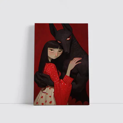 Dark Wolf Girl Red Background Gothic Art
